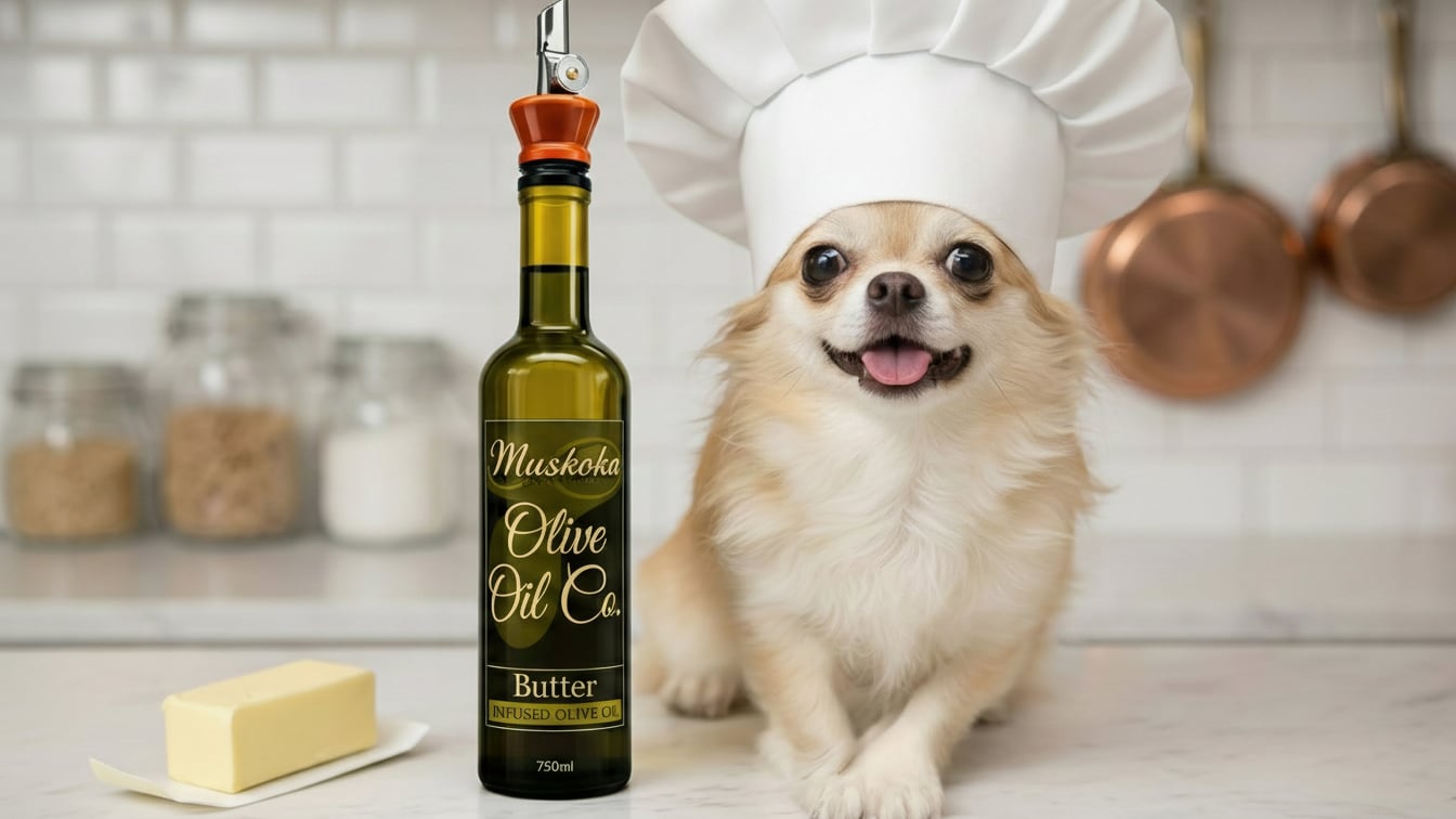 Happy chef dog with Muskoka Olive Oil Co. Butter Infused Olive Oil bottle and butter