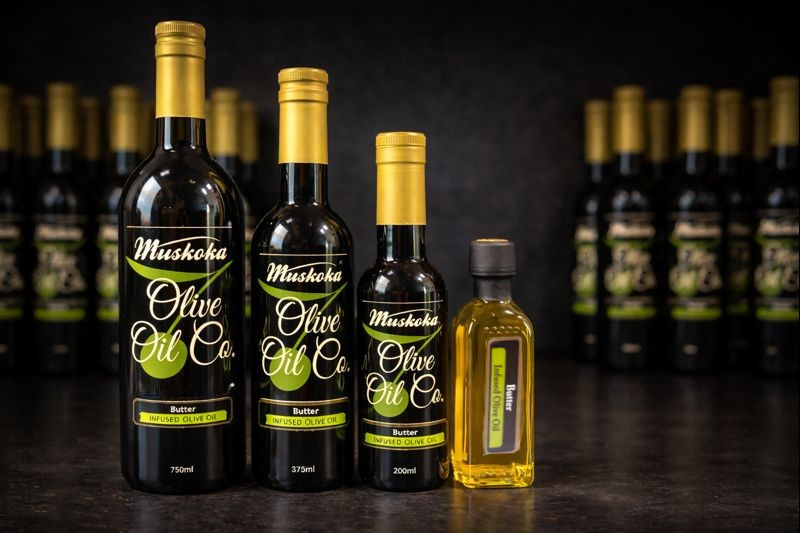 Muskoka Olive Oil Co. Butter Infused Olive Oil bottles in various sizes